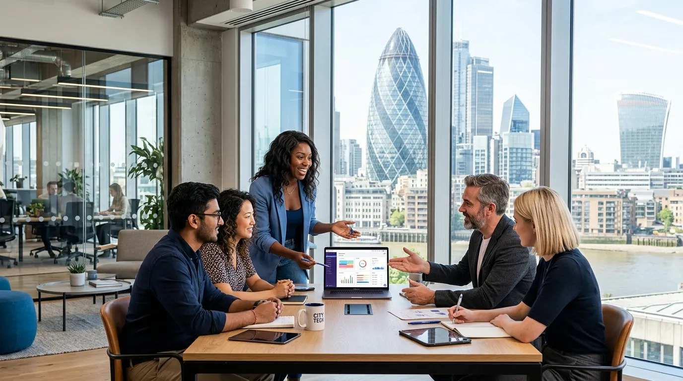 A dynamic, professional hero image showing a diverse team of professionals collaborating in a modern City of London office, with iconic Gherkin building visible through the window. Style: vibrant, confident, and tech-forward.