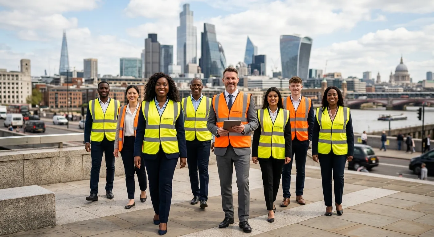 A dynamic, professional photo of a diverse team of temporary workers in high-visibility vests and business attire, standing confidently against a blurred London skyline (Shard & Gherkin visible), representing urgency and capability.