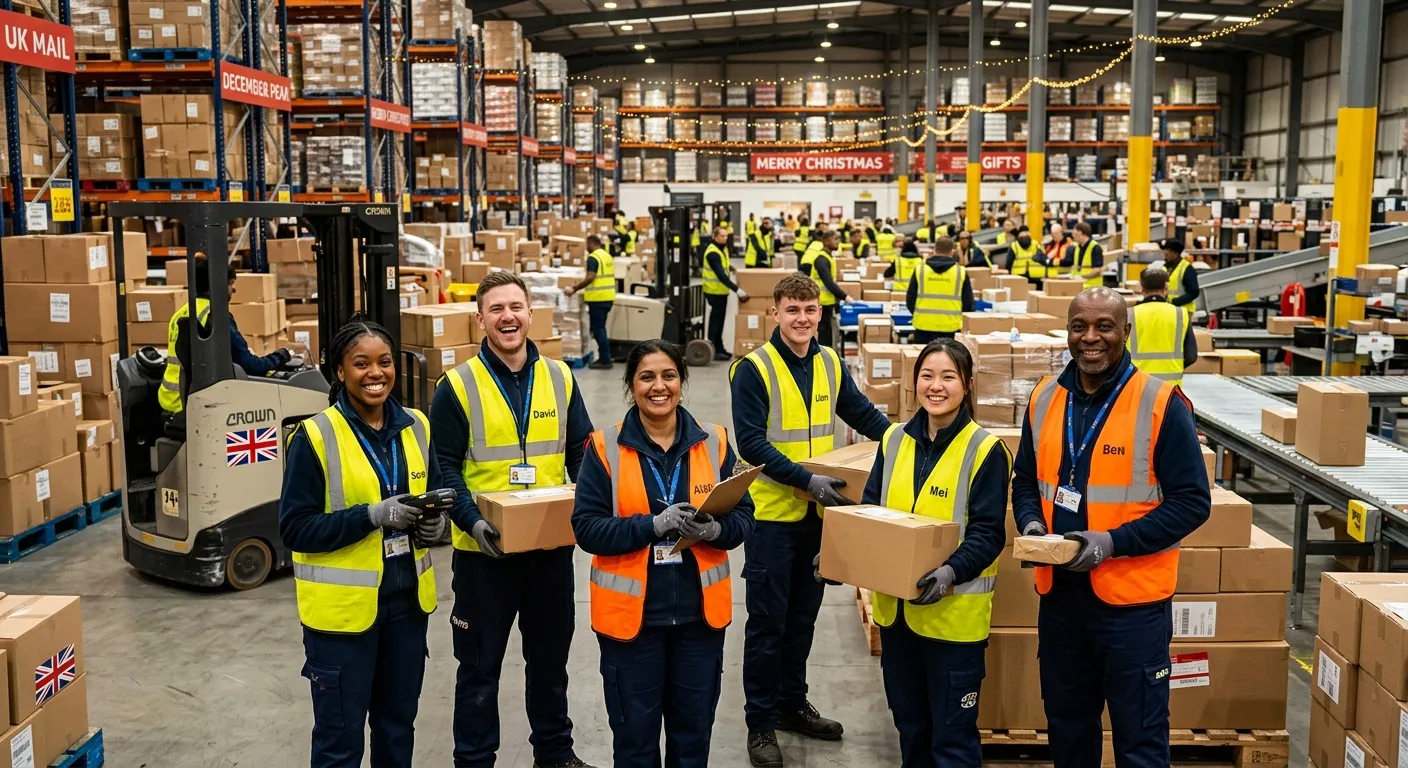 A dynamic, professional photo showing a diverse group of temporary workers in high-vis vests and uni... A dynamic, professional photo showing a diverse group of temporary workers in high-vis vests and uniforms smiling, set against a backdrop of a busy UK warehouse or retail store during a peak season like Christmas. Style: Vibrant, energetic, and professional. Mood: Busy, efficient, and successful.