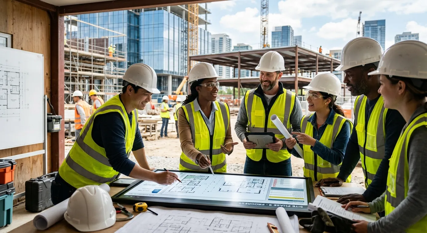 A dynamic, professional photo of a diverse team collaborating in a modern office or on a vibrant con... A dynamic, professional photo of a diverse team collaborating in a modern office or on a vibrant construction site. Focus on energy, teamwork, and productivity. Mood: Professional, confident, and forward-thinking.