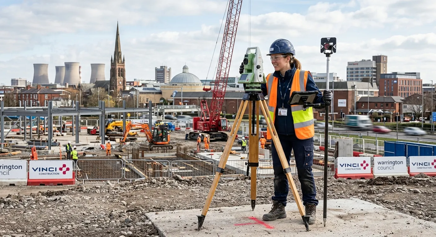 A professional, confident surveyor on a construction site in Warrington, using modern surveying equipment like a total station or GPS unit, with the skyline of Warrington visible in the background. Style: Realistic, high-quality, inspiring. Mood: Professional, precise, and career-focused.