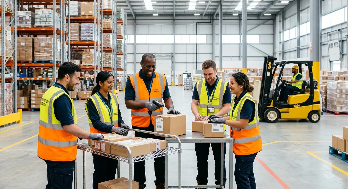 Professional, high-energy hero image showing a diverse team of warehouse operatives in a modern, clean Peterborough distribution centre. They are smiling, wearing hi-vis vests, and working collaboratively with a forklift in the background. Style: Bright, aspirational, and professional. Mood: Energetic, trustworthy, and career-focused.