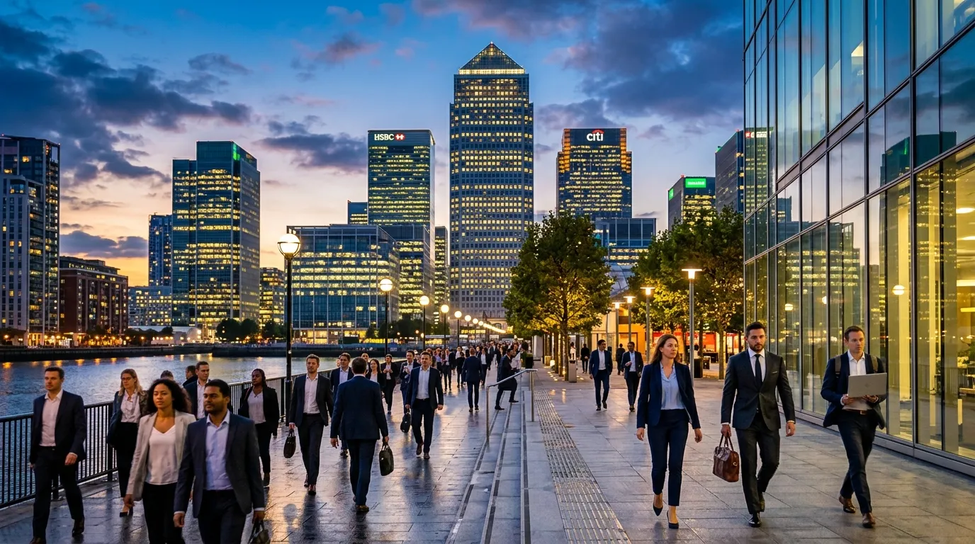 Modern, dynamic hero image of Canary Wharf's skyline at dusk, featuring the iconic skyscrapers like One Canada Square, with professionals walking purposefully. Style: professional, vibrant, and aspirational.