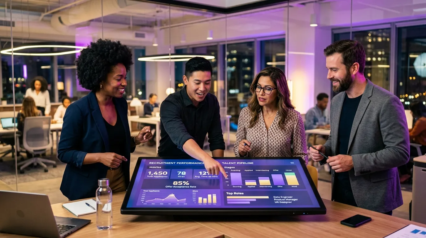 A dynamic, professional hero image showing a diverse team of business professionals in a modern office collaborating around a digital dashboard displaying recruitment metrics and talent pipelines. Style: Tech-forward, vibrant with purple and gold accent lighting.