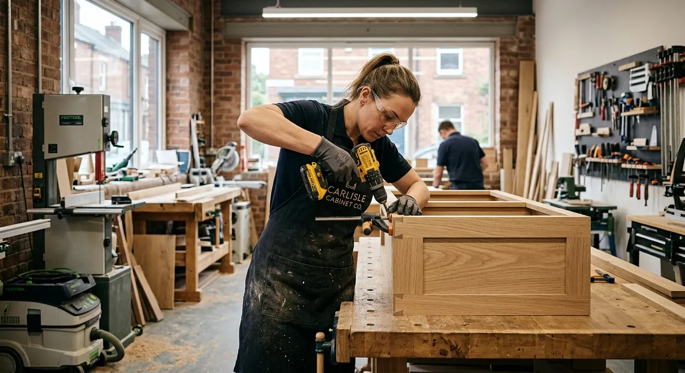A professional, well-lit image of a skilled cabinet maker in a modern workshop in Carlisle, carefully assembling a high-quality kitchen cabinet unit. The mood is focused, skilled, and productive.