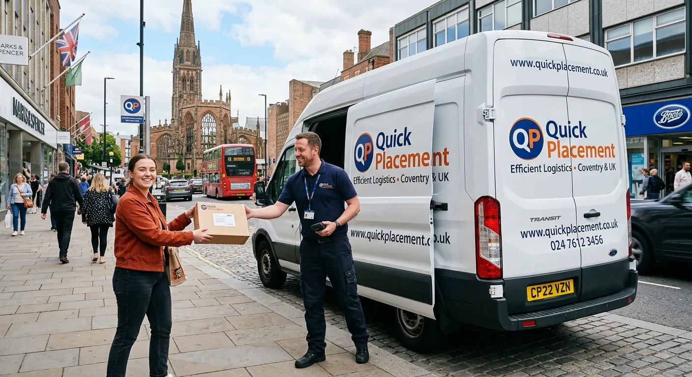 Professional, dynamic photograph of a modern delivery van with a Quick Placement logo decal parked on a street in Coventry city centre. The driver, smiling and dressed in smart casual attire, is handing a package to a recipient. The image should convey efficiency, reliability, and local familiarity.