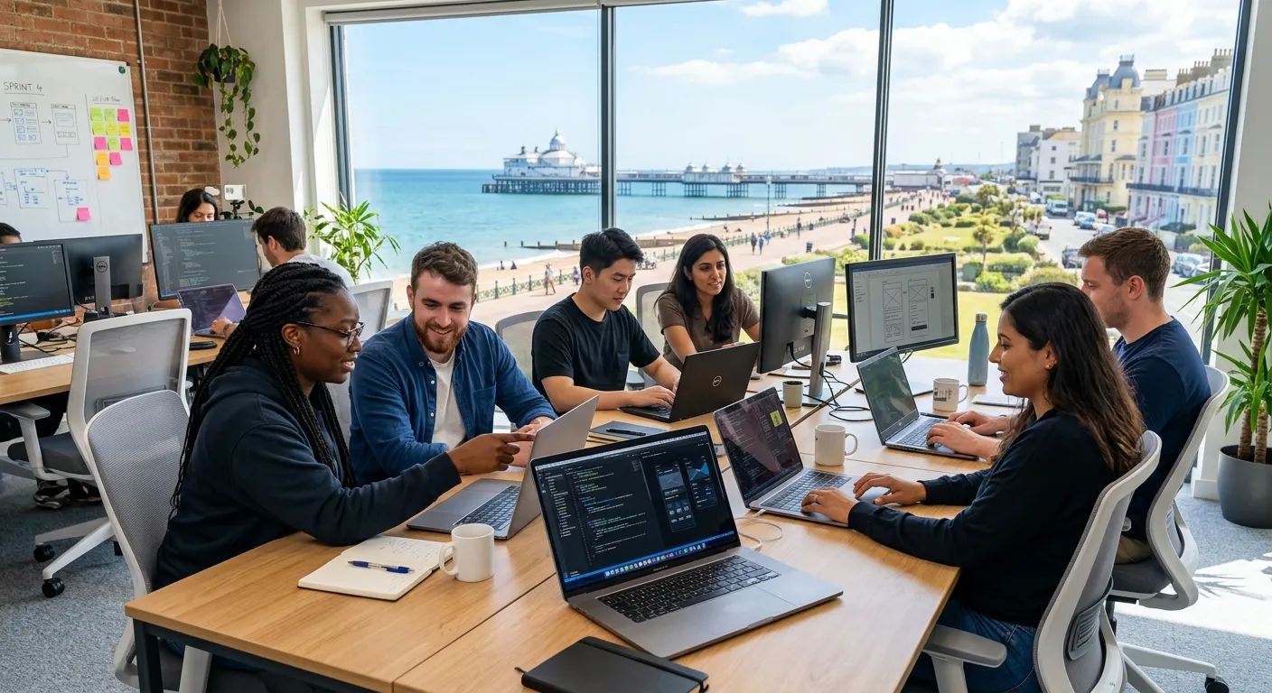 Modern, dynamic photo of a diverse software development team collaborating on laptops in a bright, contemporary office space, with a focus on screens showing code and UI designs. Eastbourne seafront visible through a window. Mood: energetic, skilled, and professional.