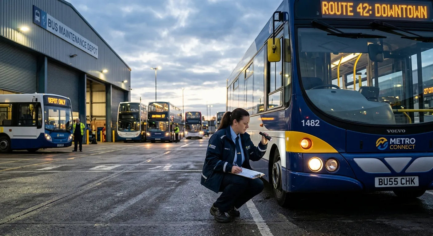 A professional bus driver in uniform performing a pre-start vehicle check on a modern single-decker... A professional bus driver in uniform performing a pre-start vehicle check on a modern single-decker bus in a depot early in the morning, with other buses visible in the background.