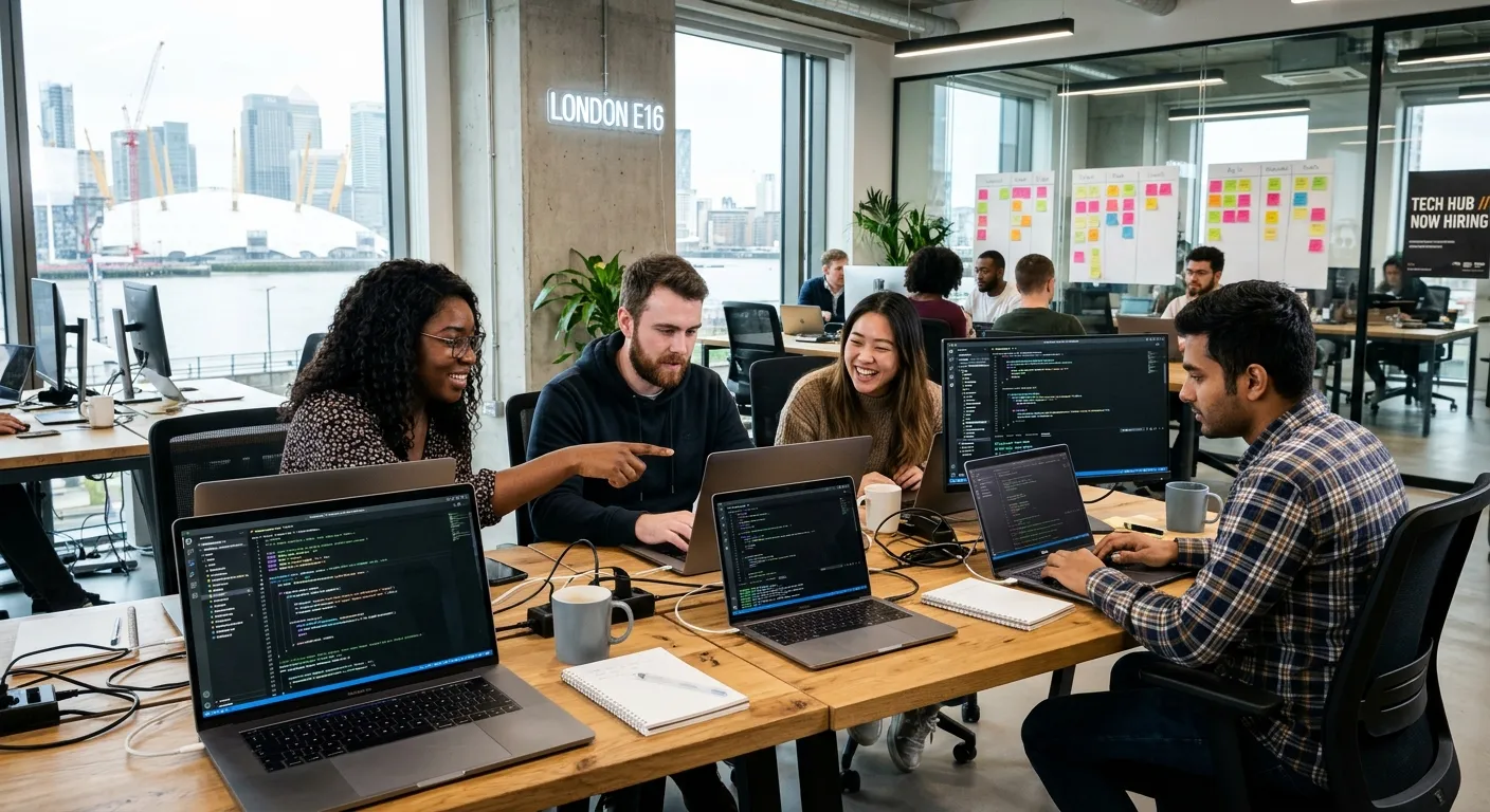 A professional, dynamic shot of a diverse team of software developers collaborating in a modern London E16 office, with laptop screens showing code, fostering a sense of tech-forward energy and immediate opportunity.