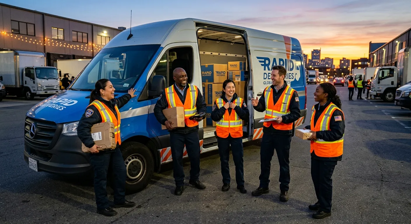 A dynamic, professional shot of a diverse team of delivery drivers in high-visibility vests, smiling... A dynamic, professional shot of a diverse team of delivery drivers in high-visibility vests, smiling and gathered around a modern logistics van at dusk. The image should convey energy, teamwork, and readiness for a busy shift.