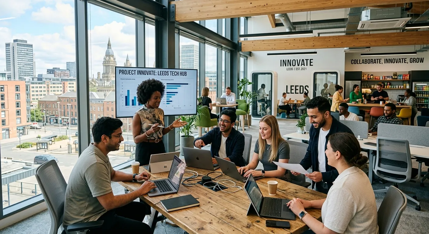 A dynamic, modern office environment in Leeds with a diverse team collaborating, showcasing professi... A dynamic, modern office environment in Leeds with a diverse team collaborating, showcasing professional energy and a tech-forward workspace.