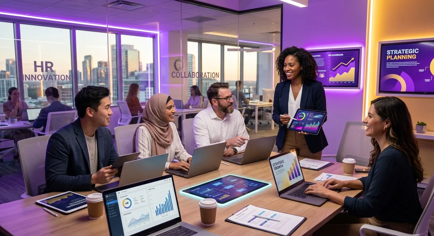 A modern, dynamic business scene. A diverse group of HR professionals and managers collaborate over digital tablets and laptops in a bright, high-tech office. The image conveys efficiency, partnership, and strategic growth. Style: Professional stock photography with vibrant, electric purple (#B80EFF) and gold (#FFCD58) accent lighting.