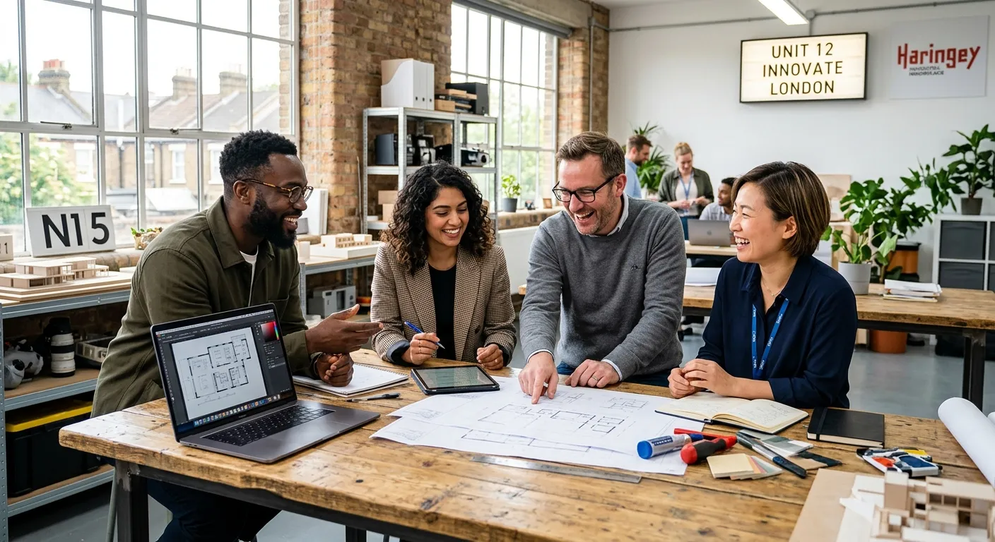 A dynamic, professional photo of a diverse team of workers collaborating in a modern North London of... A dynamic, professional photo of a diverse team of workers collaborating in a modern North London office or light industrial setting, smiling and engaged. Style: Bright, vibrant, and professional.