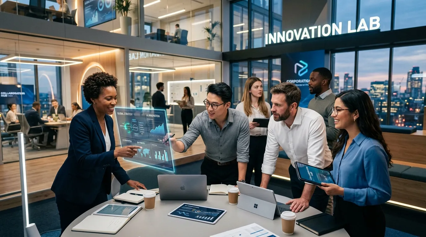 A dynamic, professional hero image showing a diverse team of business professionals in a modern office collaborating. Style: High-energy, tech-forward. Mood: Confident, successful, and forward-thinking.
