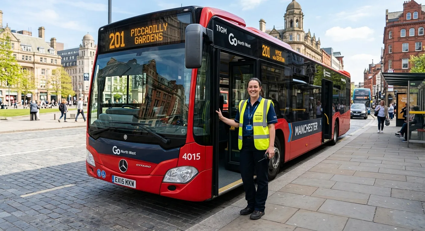 A professional, confident bus driver in high-visibility uniform, smiling and standing proudly beside a modern single-decker bus on a sunny day in a Manchester city setting, conveying reliability and a positive work environment.
