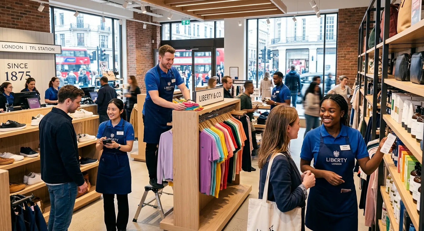 A dynamic, professional photo of a diverse team of retail staff in a modern London store setting, as... A dynamic, professional photo of a diverse team of retail staff in a modern London store setting, assisting customers and managing stock. Style: Bright, energetic, professional. Mood: Efficient, welcoming, and successful.