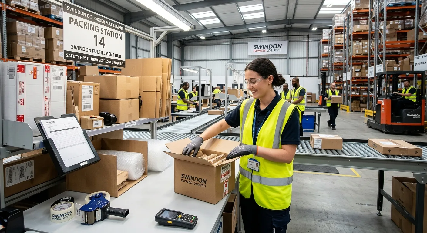 A professional UK warehouse packing scene showing a reliable packer carefully preparing orders in a clean Swindon distribution centre, modern lighting, safety gear, positive work atmosphere, realistic photography, local logistics style