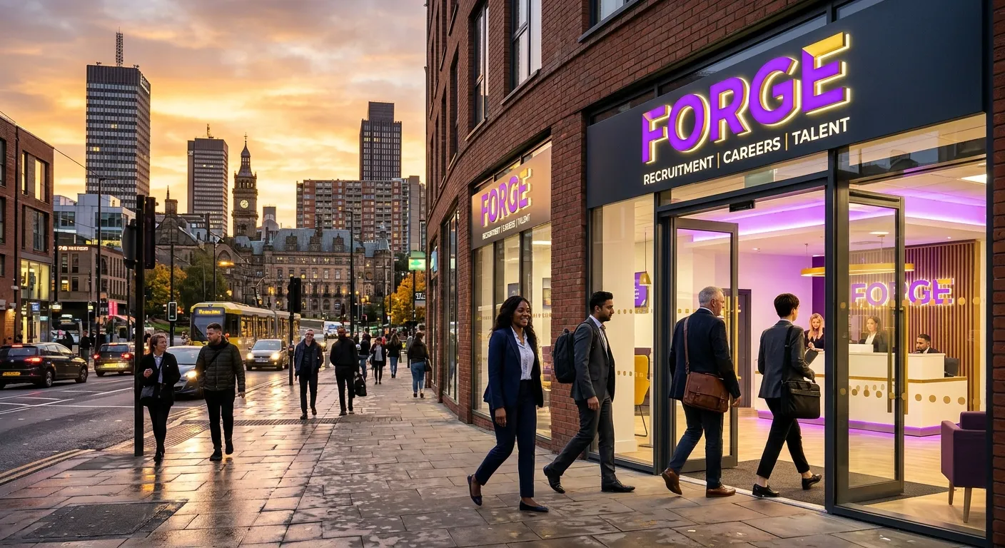 Modern Sheffield city centre skyline at golden hour with diverse professionals entering a recruitmen... Modern Sheffield city centre skyline at golden hour with diverse professionals entering a recruitment office, electric purple and gold branding accents, clean corporate photography, bright high-contrast mood