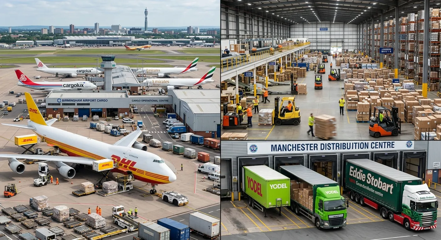 A dynamic split-screen image showing Birmingham Airport's cargo terminal on the left and a busy Manchester warehouse distribution centre on the right, illustrating the connected logistics corridor, professional and bustling