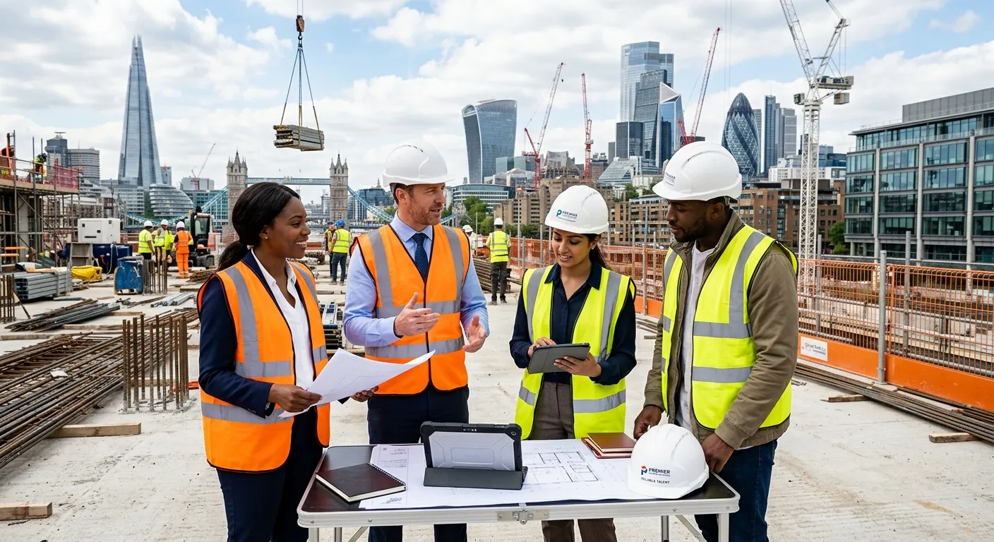 A dynamic, professional photo of a diverse team of workers in high-vis vests and professional attire... A dynamic, professional photo of a diverse team of workers in high-vis vests and professional attire collaborating on a modern London construction site and office backdrop, representing the speed and reliability of a top staffing agency.