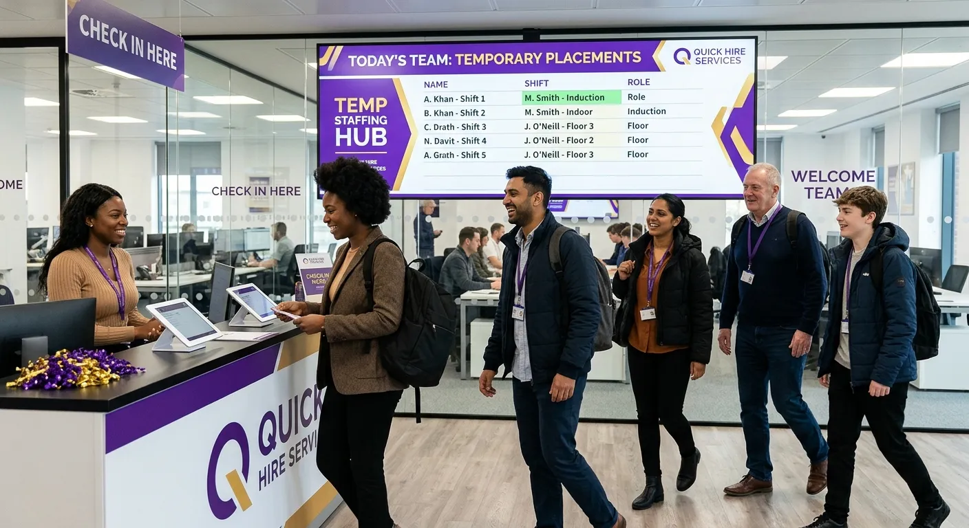 Modern UK business control room with bright digital rota board, diverse temporary workers arriving,... Modern UK business control room with bright digital rota board, diverse temporary workers arriving, purple and gold brand accents, clean professional photography, optimistic fast hiring mood