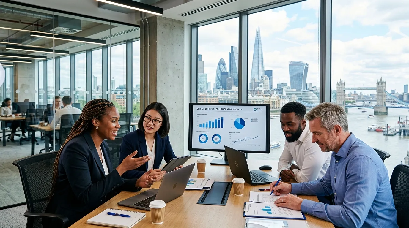 Modern, dynamic hero image showcasing diverse professionals working collaboratively in a sleek City... Modern, dynamic hero image showcasing diverse professionals working collaboratively in a sleek City of London office environment, with iconic London skyline visible through windows. Style: Professional, energetic, high-contrast.
