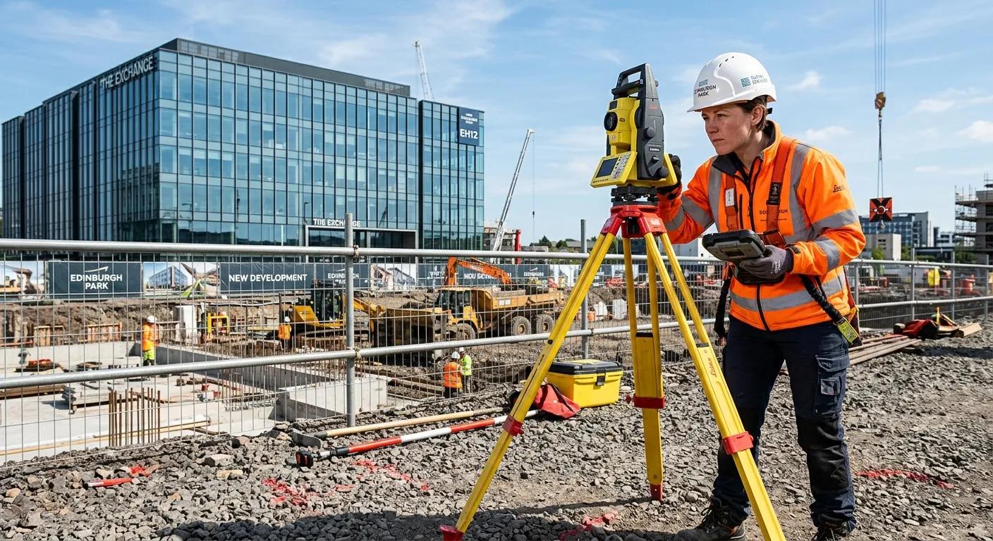 A professional, high-energy photograph of a Surveyor in hi-vis gear using a modern total station on a clear day at a bustling Edinburgh Park EH12 construction site. A modern, glass-fronted office building is in the background. Style: Authentic, aspirational, and action-oriented.