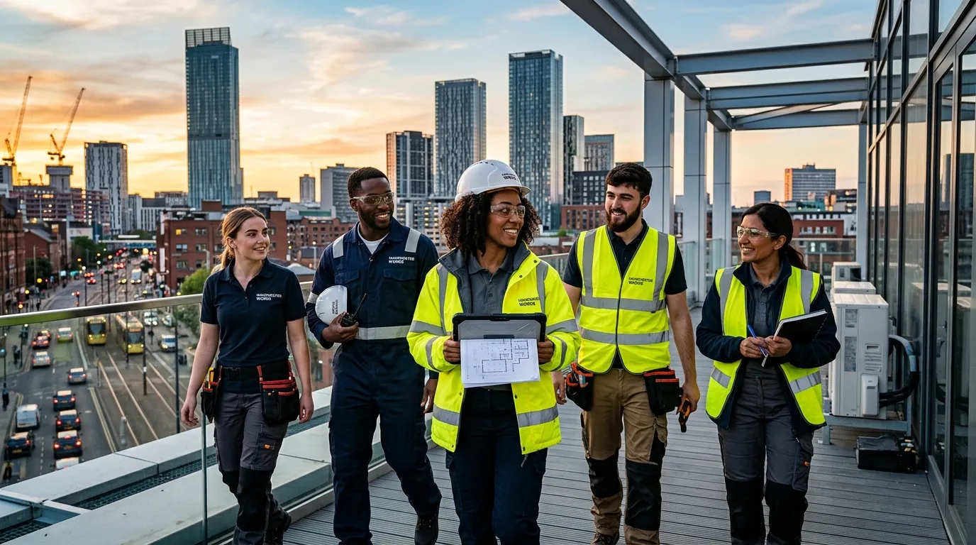 A dynamic, professional hero image showing a diverse team of skilled workers in a modern Manchester... A dynamic, professional hero image showing a diverse team of skilled workers in a modern Manchester cityscape setting, with a tech-forward, energetic mood.