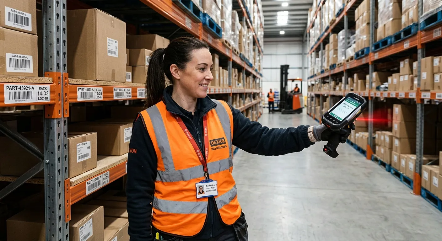 A mid-shot of a warehouse operative in a high-vis vest, confidently using a handheld RF scanner to scan a barcode on a shelf in a modern, well-organised warehouse aisle