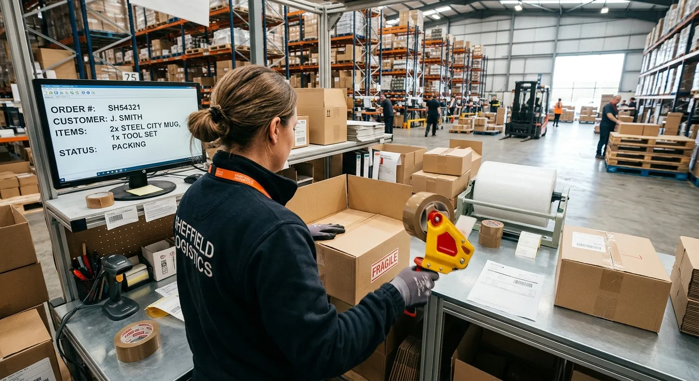 A dynamic, wide-angle photo from behind a packer's shoulder, showing their organized workstation with boxes, tape guns, and a computer screen displaying an order list in a bright Sheffield warehouse.