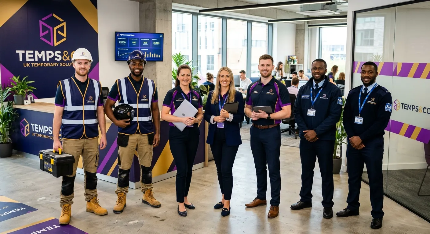 Professional UK temporary workers, construction labourers, and Sia Licensed Security staff in a mode... Professional UK temporary workers, construction labourers, and Sia Licensed Security staff in a modern bright workspace, confident team mood, electric purple and gold branding accents