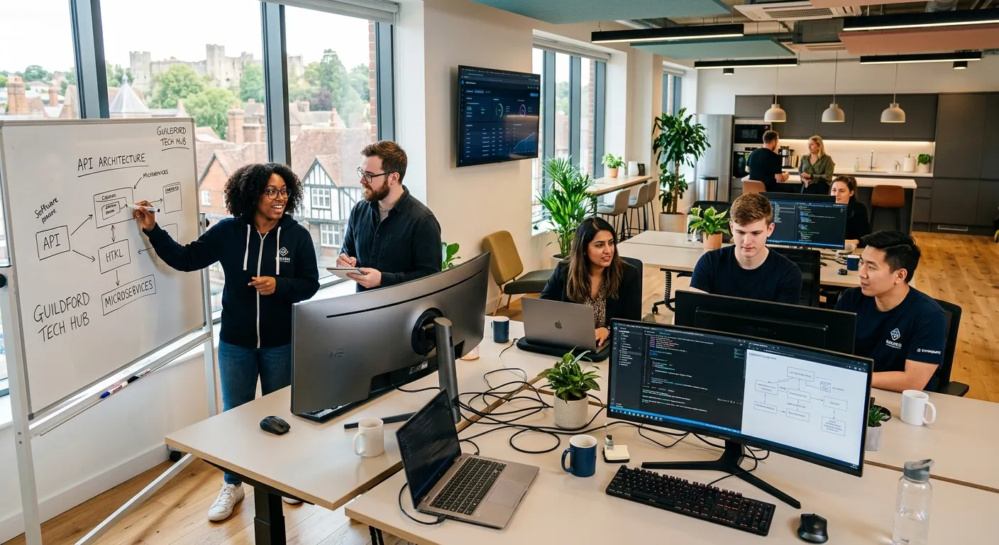 Modern, diverse software development team collaborating in a bright, tech-forward office in Guildfor... Modern, diverse software development team collaborating in a bright, tech-forward office in Guildford. Developers are shown coding on multiple monitors, whiteboarding solutions, and discussing projects. Style should be professional, vibrant, and convey innovation and teamwork.