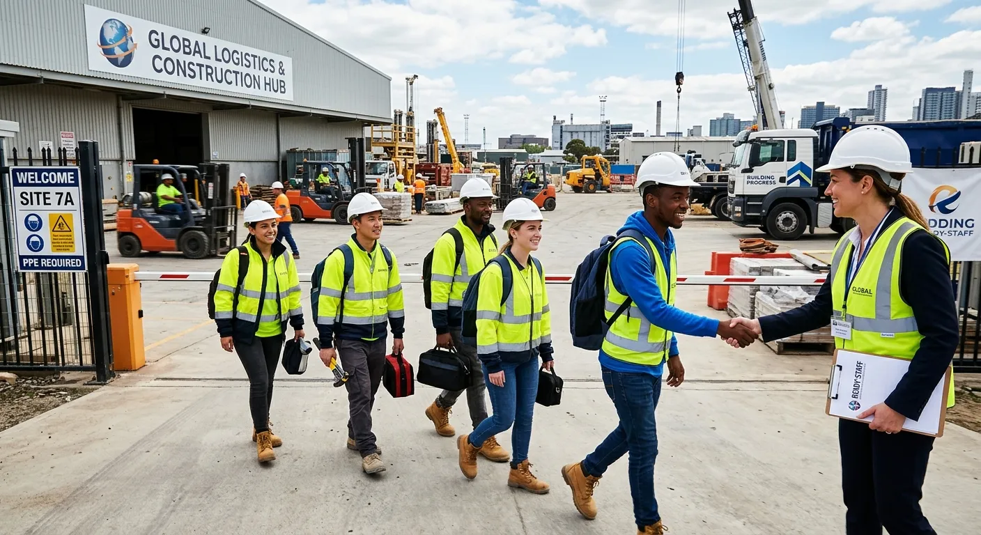 A dynamic, professional photo showing a diverse group of temporary workers arriving on a constructio... A dynamic, professional photo showing a diverse group of temporary workers arriving on a construction or warehouse site, shaking hands with a manager. Style should be modern, high-energy, with a focus on urgency and professionalism. Mood: confident, reliable, and action-oriented.