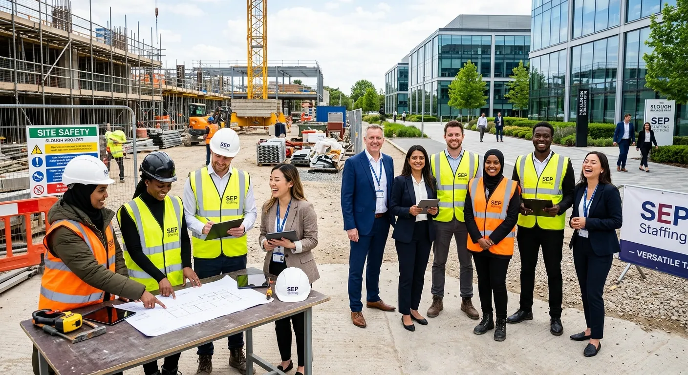 A dynamic, professional photo of a diverse team of workers in high-visibility vests and office attir... A dynamic, professional photo of a diverse team of workers in high-visibility vests and office attire, collaborating on a construction site and in a modern Slough business park, symbolising the agency's versatile staffing solutions. Style: Vibrant, energetic, and professional. Mood: Confident and efficient.
