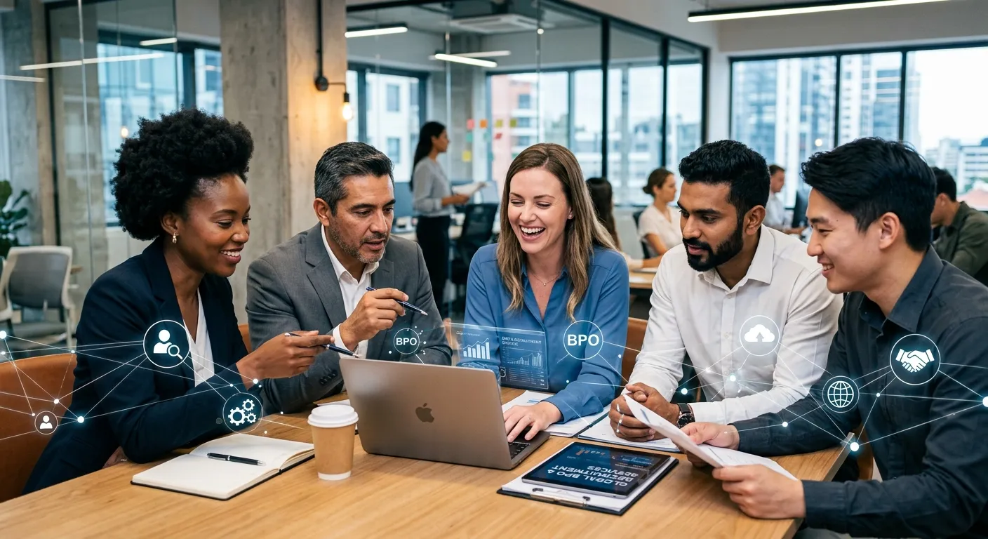 A dynamic, professional photo of a diverse team of business professionals in a modern office collabo... A dynamic, professional photo of a diverse team of business professionals in a modern office collaborating around a laptop, with a subtle overlay of digital network lines and icons symbolizing BPO and recruitment. Style: Modern corporate, high contrast, mood: energetic and trustworthy.