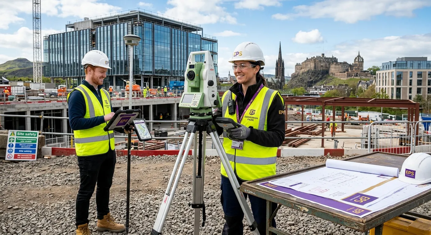 A confident professional surveyor and assistant surveyor using a total station on a modern construct... A confident professional surveyor and assistant surveyor using a total station on a modern construction site in Edinburgh Park, with clean architectural drawings, safety helmets, high-visibility clothing, and a bright Scottish city backdrop; corporate recruitment style, electric purple and gold accents, sharp, trustworthy, local, and conversion-focused.