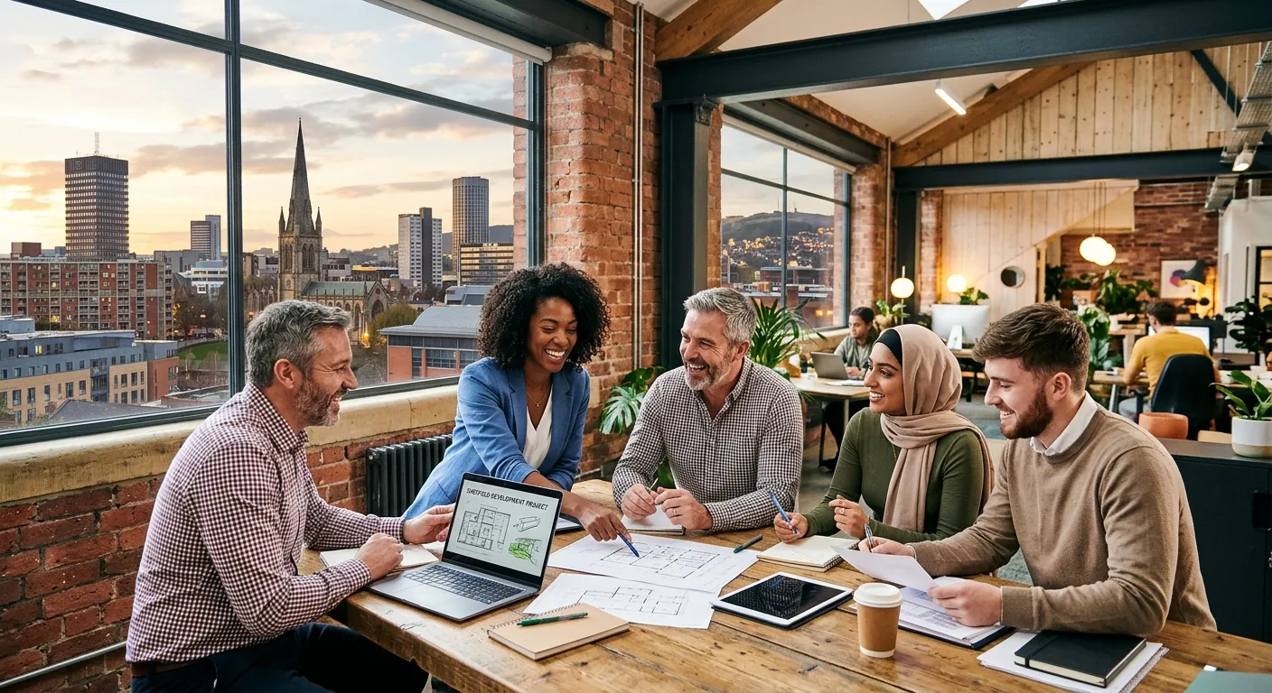 A professional, dynamic hero image showing a diverse team of professionals in a modern Sheffield off... A professional, dynamic hero image showing a diverse team of professionals in a modern Sheffield office or industrial setting, collaborating and smiling, with the Sheffield skyline visible through a window. Style: Professional, vibrant, and energetic.