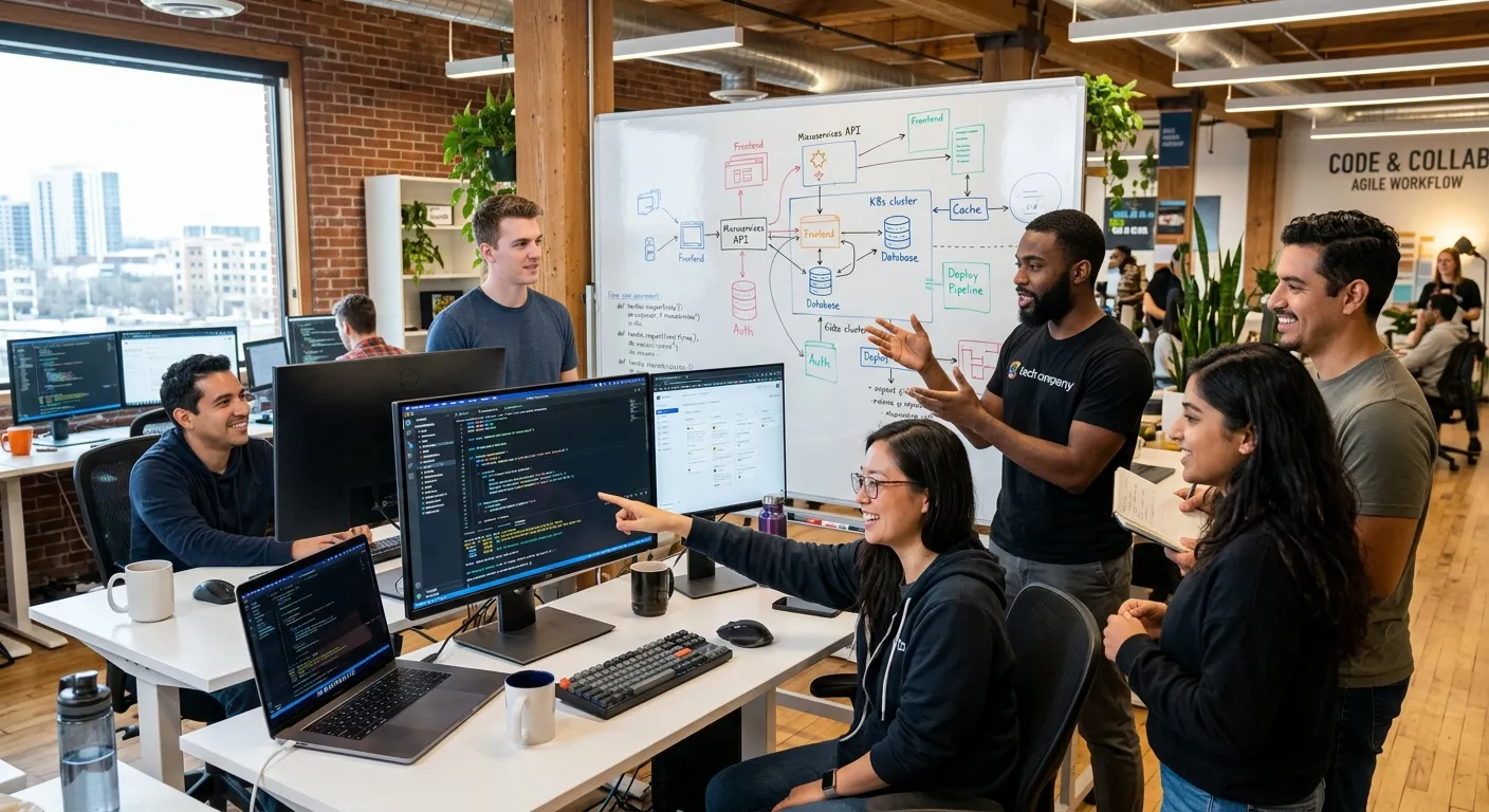 A modern, vibrant software development team collaborating in an open-plan office, with monitors showing code and architectural diagrams on a whiteboard.