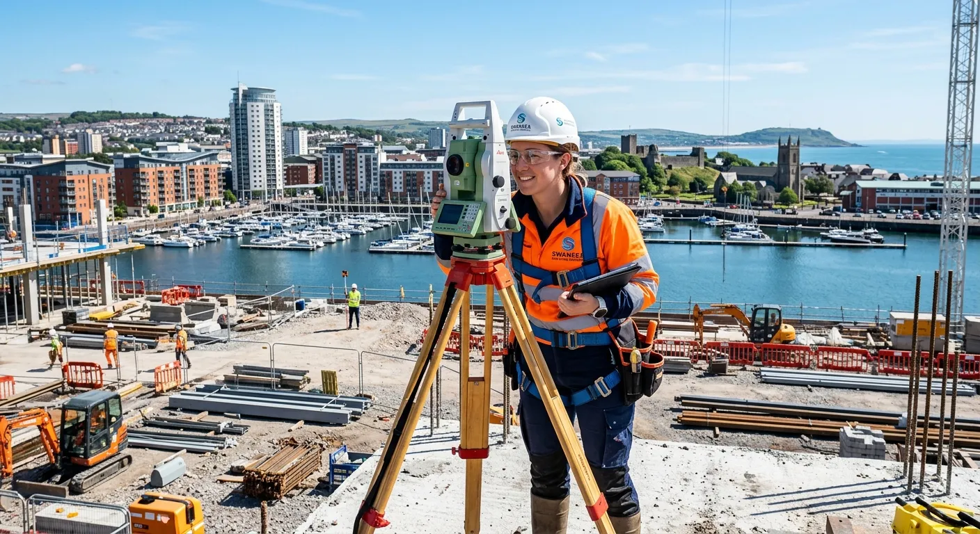 A professional surveyor using a total station on a construction site in Swansea, with the SA1 marina... A professional surveyor using a total station on a construction site in Swansea, with the SA1 marina and cityscape in the background. Bright, clear day, confident and skilled worker.