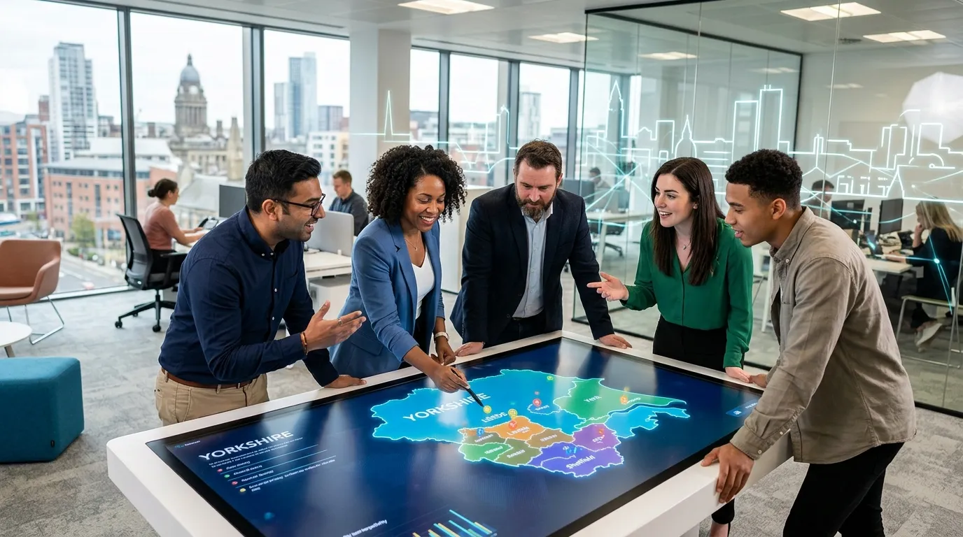 A dynamic, professional hero image showing a diverse team of workers in a modern Leeds office settin... A dynamic, professional hero image showing a diverse team of workers in a modern Leeds office setting, collaborating over a digital map of Yorkshire. The mood is energetic, innovative, and forward-thinking, with a subtle overlay of the Leeds skyline.