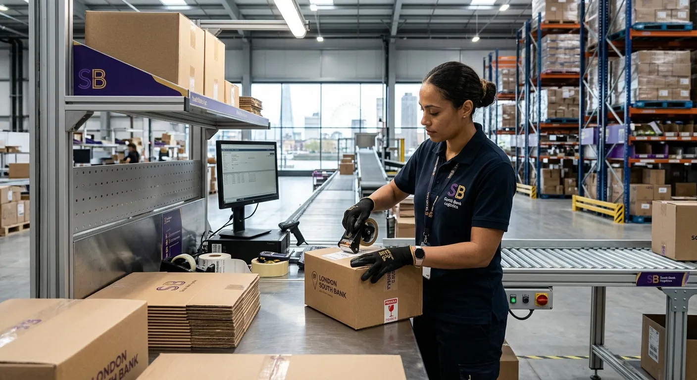 Professional photo of a focused packer working at a clean packing station in South Bank London, cardboard boxes, labels, safety gloves, modern warehouse lighting, subtle electric purple and gold brand accents