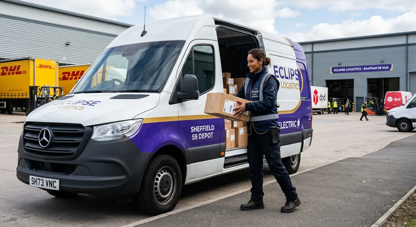 A professional UK courier driver loading parcels into a van near a Sheffield S9 industrial depot, mo... A professional UK courier driver loading parcels into a van near a Sheffield S9 industrial depot, modern logistics setting, confident and practical, clean corporate style, electric purple and gold accent tones, bright daylight, realistic photography