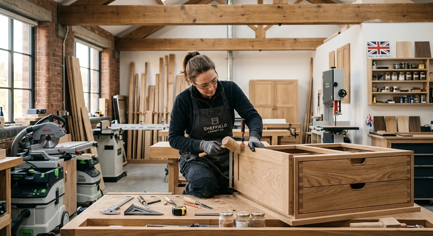 A professional, well-lit photograph of a skilled cabinet maker in a modern workshop in Sheffield, carefully assembling a high-quality kitchen cabinet. The image should convey precision, craftsmanship, and a clean, safe working environment.