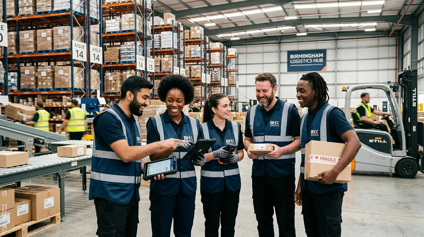 A dynamic, high-energy hero image showing a diverse team of warehouse operatives in a modern Birming... A dynamic, high-energy hero image showing a diverse team of warehouse operatives in a modern Birmingham logistics hub, smiling and collaborating. The style should be professional, bright, and convey efficiency and teamwork.
