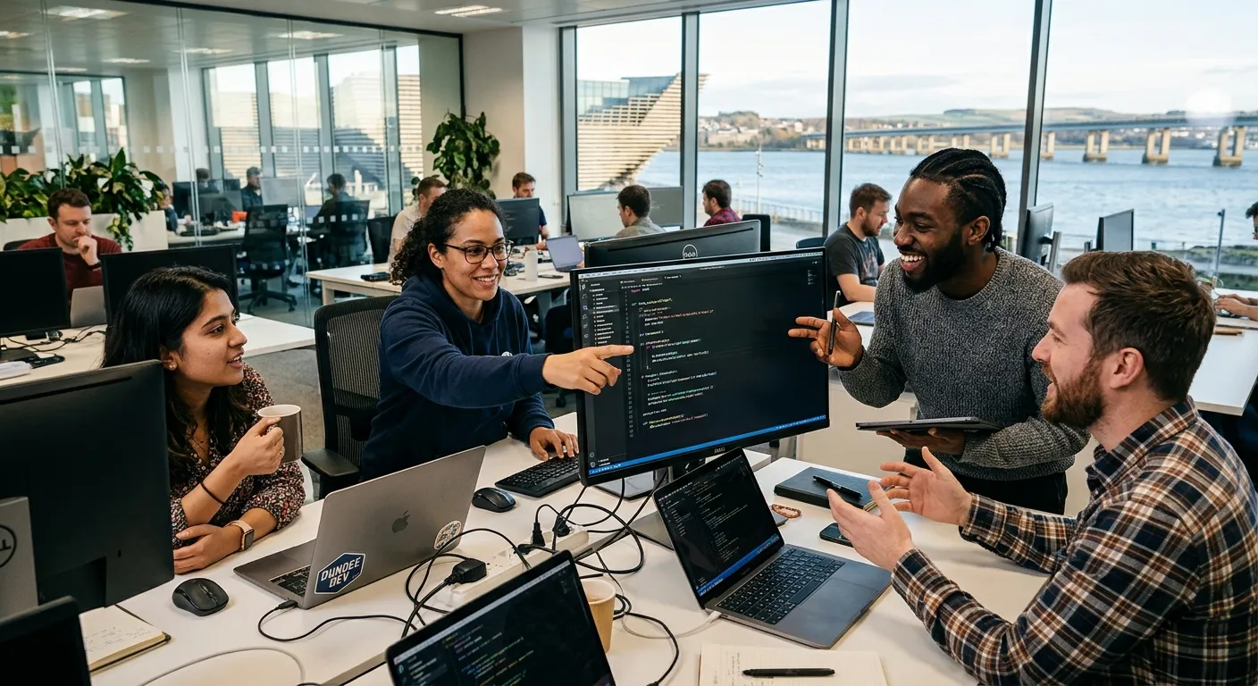 A dynamic, professional photo of a diverse software development team collaborating in a modern offic... A dynamic, professional photo of a diverse software development team collaborating in a modern office space in Dundee, Scotland. One developer is pointing to code on a large monitor, others are discussing. The style is bright, energetic, and conveys collaboration and technical expertise.